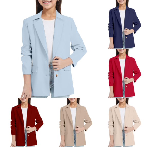 WhouRiu Girls Formal Suit Jacket Solid Color Long Sleeve Notch Collar Blouse Kids Fashion Elegant Open Front Tops With Pockets,5-6 Years