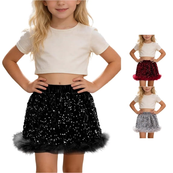 WhouRiu Girls Glitter Sequins Skirts Elastic Waist A Line Skirt Kids Comfortable Versatile Cute Casual Wear,7-8 Years