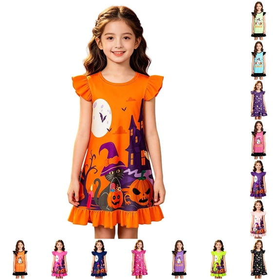 WhouRiu Girls Halloween Graphic Dresses Sleeveless Flutter Sleeve Crew Neck Dress Kids Comfortable Cute Party Nightgown,4-5 Years