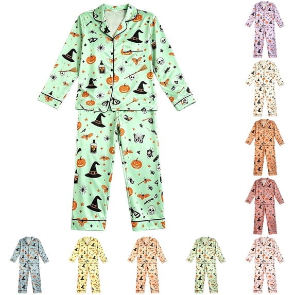 WhouRiu Girls Halloween Graphic Pajamas Flat Collar Long Sleeve Button Up Shirts And Pants Pajama Set 2 Piece Kids Cozy Cute Sleepwear,13-14 Years