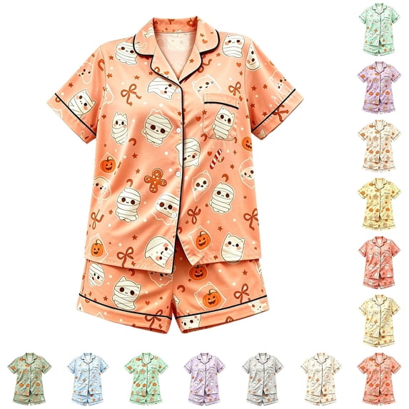 WhouRiu Girls Halloween Graphic Pajamas Flat Collar Short Sleeve Button Up Shirts And Shorts Pajama Set 2 Piece Kids Cozy Cute Sleepwear,11-12 Years