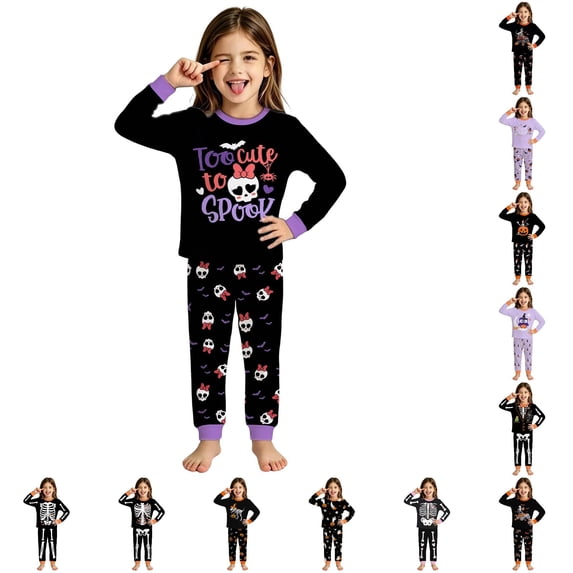 WhouRiu Girls Halloween Graphic Pajamas Long Sleeve Crew Neck T Shirts And Pants Pajama Set 2 Piece Kids Autumn Winter Cozy Cute Sleepwear,2-3 Years