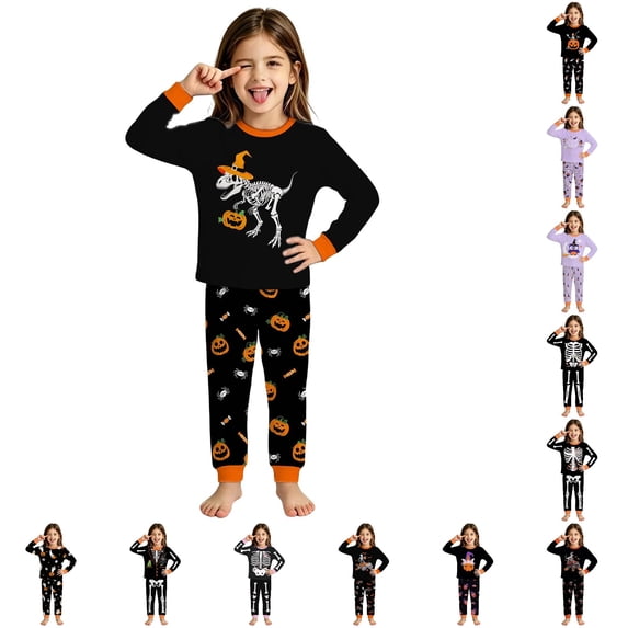 WhouRiu Girls Halloween Graphic Pajamas Long Sleeve Crew Neck T Shirts And Pants Pajama Set 2 Piece Kids Autumn Winter Cozy Cute Sleepwear,5-6 Years