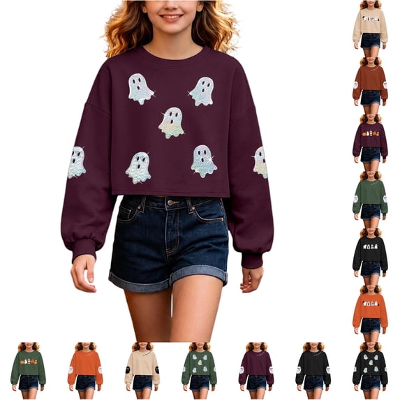 WhouRiu Girls Halloween Graphic Tees Kids Long Sleeve Crew Neck Crop Tshirt Comfortable Cute Holiday Party T Shirts,10-12 Years