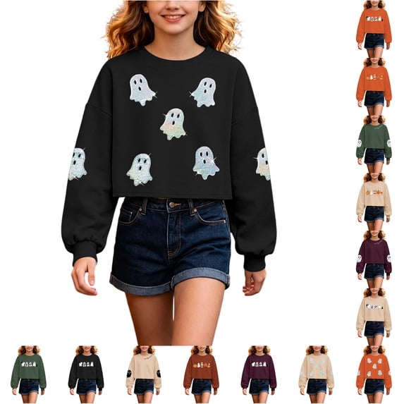WhouRiu Girls Halloween Graphic Tees Kids Long Sleeve Crew Neck Crop Tshirt Comfortable Cute Holiday Party T Shirts,6-7 Years