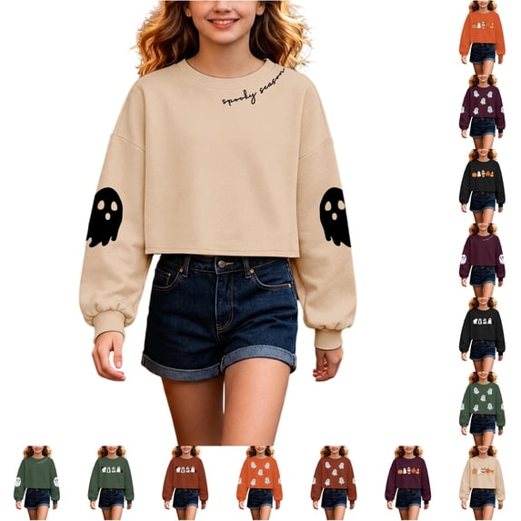 WhouRiu Girls Halloween Graphic Tees Kids Long Sleeve Crew Neck Crop Tshirt Comfortable Cute Holiday Party T Shirts,6-7 Years
