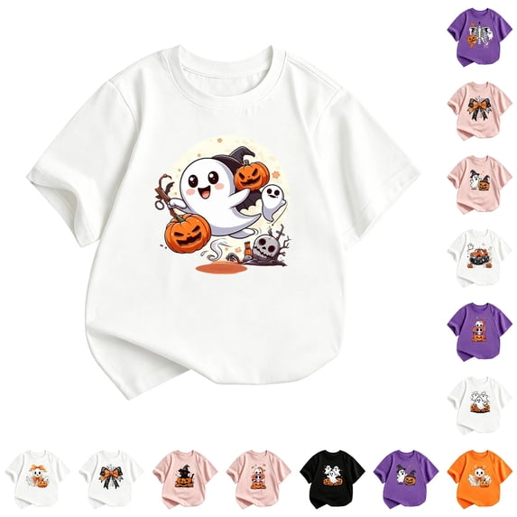 WhouRiu Girls Halloween Graphic Tees Kids Short Sleeve Crew Neck Tshirt Comfortable Cute Holiday Party T Shirts,11-12 Years