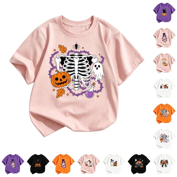 WhouRiu Girls Halloween Graphic Tees Kids Short Sleeve Crew Neck Tshirt Comfortable Cute Holiday Party T Shirts,3-4 Years