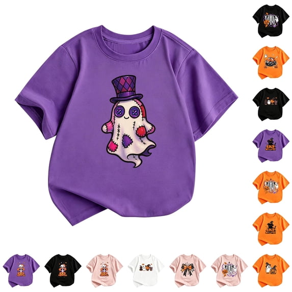 WhouRiu Girls Halloween Graphic Tees Kids Short Sleeve Crew Neck Tshirt Comfortable Cute Holiday Party T Shirts,7-8 Years