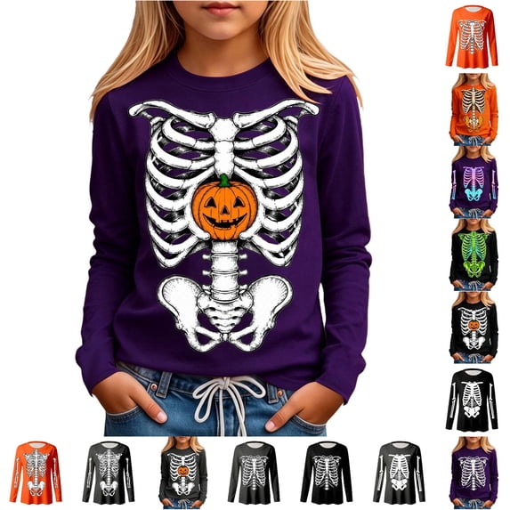 WhouRiu Girls Halloween Skeleton Graphic Tees Long Sleeve Crew Neck Tshirt Fall T Shirts 3-14 Years