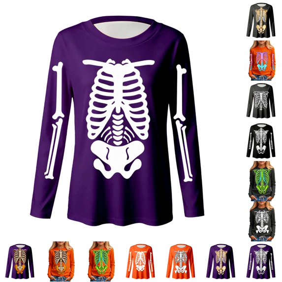 WhouRiu Girls Halloween Skeleton Graphic Tees Long Sleeve Crew Neck Tshirt Fall T Shirts 3-14 Years