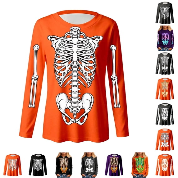 WhouRiu Girls Halloween Skeleton Graphic Tees Long Sleeve Crew Neck Tshirt Fall T Shirts 3-14 Years