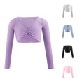 thumbnail image 1 of WhouRiu Girls Long Sleeve Ballet Dance Shirts Kids Solid Color V Neck Ruched Crop Tops 2-16 Years, 1 of 4