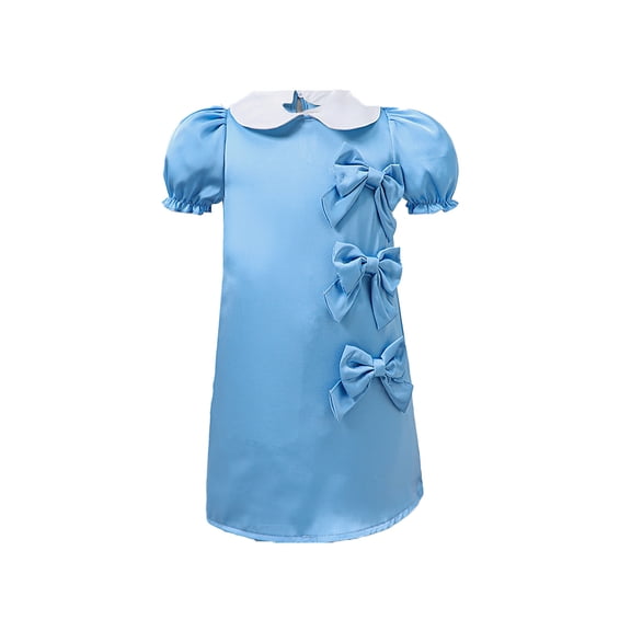 WhouRiu Girls Puff Sleeve Peter Pan Collar Dress Bow Solid A-Line Dress Blue,Sizes 3-4