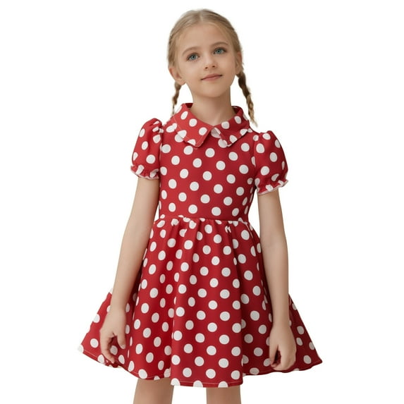 WhouRiu Girls Puff Sleeve Vintage Polka Dot Gown Summer Princess Party Dress Red,Sizes 5-6