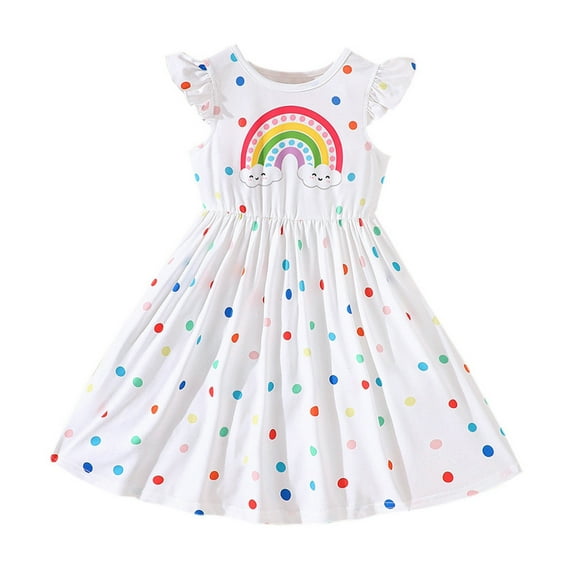 WhouRiu Girls Rainbow Print Ruffle Tank Dress Cute Sleeveless Casual Long Dress White,Sizes 2-3