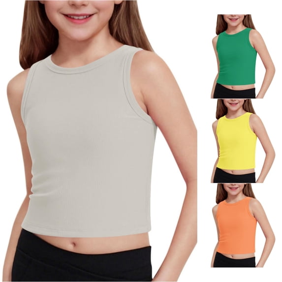 WhouRiu Girls Ribbed Athletic Tank Tops Summer Solid Color Sleeveless Crew Neck Crop Shirts Kids Lightweight Breathable Everyday Tops,13-14 Years