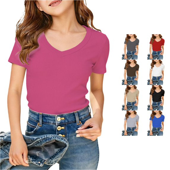 WhouRiu Girls Ribbed Knit Basic Tees Kids Solid Color Short Sleeve V Neck Tshirt Comfortable Cute Casual Summer T Shirts,11-12 Years