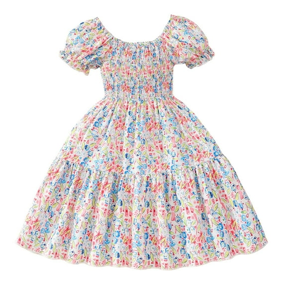 WhouRiu Girls Ruffle Sleeve Smocked Floral Dress Elegant Tiered Beach Swing Dress Orange,Sizes 2-3