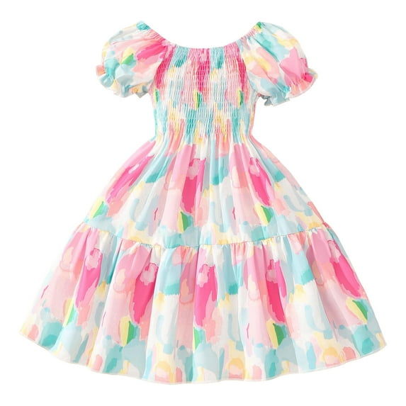 WhouRiu Girls Ruffle Sleeve Smocked Floral Dress Elegant Tiered Beach Swing Dress Pink,Sizes 2-3