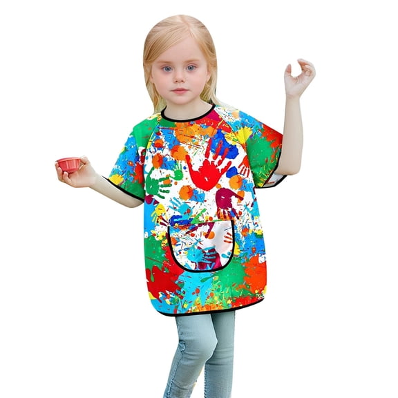 WhouRiu Girls Short Sleeve Painting Apron With Pocket Casual Summer Graphic Art Smock 2-12 Years