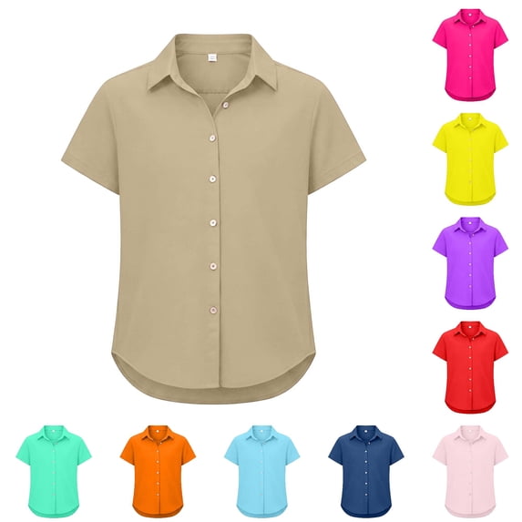 WhouRiu Girls Short Sleeve Solid Color Shirt Summer Button Down Shirts Kids Casual Tops 5-16 Years