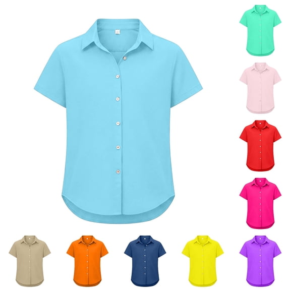 WhouRiu Girls Short Sleeve Solid Color Shirt Summer Button Down Shirts Kids Casual Tops 5-16 Years