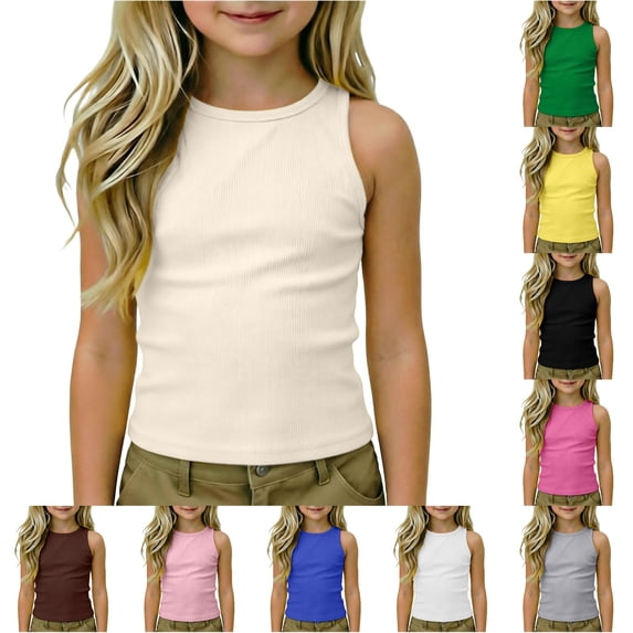 WhouRiu Girls Sleeveless Athletic Tank Tops Kids Solid Color Crew Neck Ribbed Racerback Undershirts Comfortable Cute Dance Workout Tops,13-14 Years