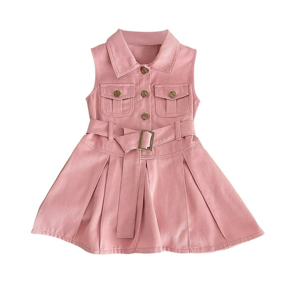 WhouRiu Girls Sleeveless Button-up Denim Dress Pleated Pocket Belt Dress Pink,Sizes 3-4