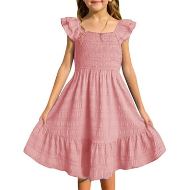 WhouRiu Girls Smocked Ruffle Sleeve Tiered Dress Solid Casual Dress Pink Sizes 10