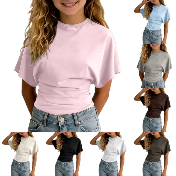 WhouRiu Girls Solid Color Basic Tees Kids Back To School Short Sleeve Crew Neck Tshirt Comfortable Cute Casual Summer T Shirts,7-8 Years