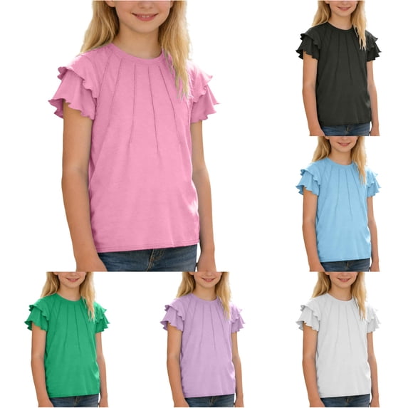 WhouRiu Girls Solid Color Basic Tees Kids Short Sleeve Crew Neck Ruffle Tshirt Comfortable Cute Casual Summer T Shirts,7-8 Years