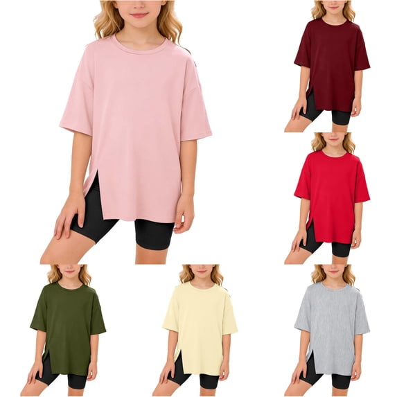 WhouRiu Girls Solid Color Basic Tees Kids Short Sleeve Crew Neck Split Tshirt Comfortable Cute Casual Summer T Shirts,6-7 Years