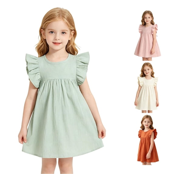 WhouRiu Girls Solid Color Dresses Sleeveless Flutter Sleeve Crew Neck A Line Dress Kids Comfortable Cute Everyday Sundress,4-5 Years