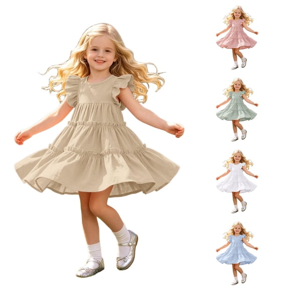 WhouRiu Girls Solid Color Dresses Sleeveless Flutter Sleeve Crew Neck Ruffle Dress Kids Comfortable Cute Everyday Sundress,6-7 Years