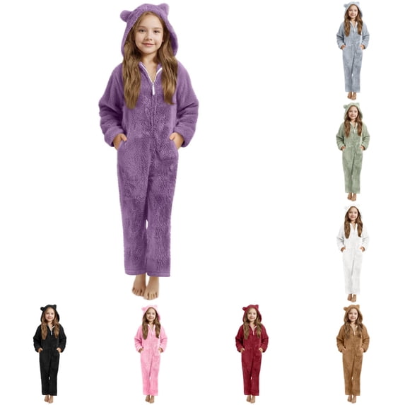 WhouRiu Girls Solid Color Jumpsuit Long Sleeve Zipper Hooded Romper With Pockets Kids Autumn Winter Warm Cozy Thickened Fuzzy Onesies,11-12 Years