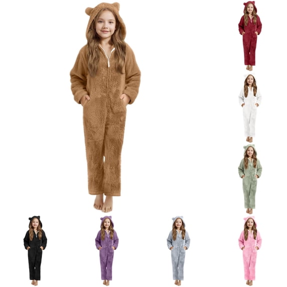 WhouRiu Girls Solid Color Jumpsuit Long Sleeve Zipper Hooded Romper With Pockets Kids Autumn Winter Warm Cozy Thickened Fuzzy Onesies,11-12 Years