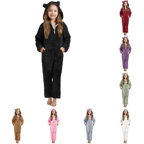 WhouRiu Girls Solid Color Jumpsuit Long Sleeve Zipper Hooded Romper With Pockets Kids Autumn Winter Warm Cozy Thickened Fuzzy Onesies,5-6 Years