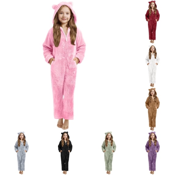 WhouRiu Girls Solid Color Jumpsuit Long Sleeve Zipper Hooded Romper With Pockets Kids Autumn Winter Warm Cozy Thickened Fuzzy Onesies,7-8 Years