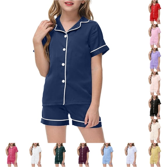 WhouRiu Girls Solid Color Pajamas Flat Collar Short Sleeve Button Up Shirts And Shorts Pajama Set 2 Piece Kids Summer Cozy Cute Sleepwear,2-3 Years