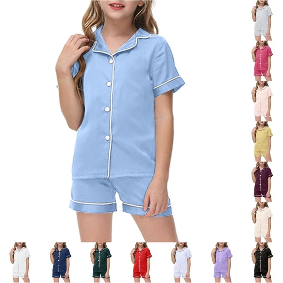WhouRiu Girls Solid Color Pajamas Flat Collar Short Sleeve Button Up Shirts And Shorts Pajama Set 2 Piece Kids Summer Cozy Cute Sleepwear,4-5 Years
