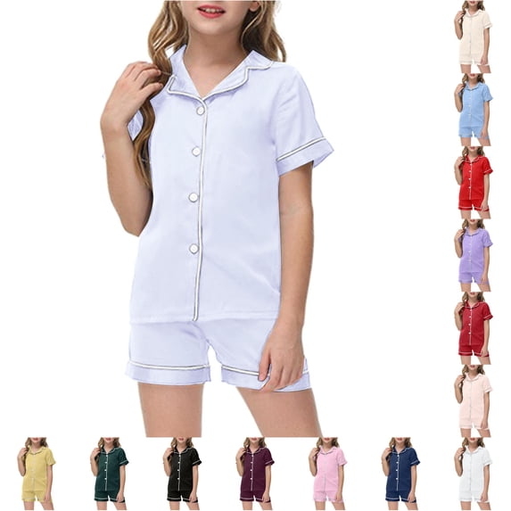 WhouRiu Girls Solid Color Pajamas Flat Collar Short Sleeve Button Up Shirts And Shorts Pajama Set 2 Piece Kids Summer Cozy Cute Sleepwear,8-9 Years