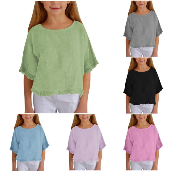 WhouRiu Girls Solid Color Tees Kids Short Sleeve Crew Neck Ruffle Tshirt Comfortable Cute Casual Summer T Shirts,11-12 Years