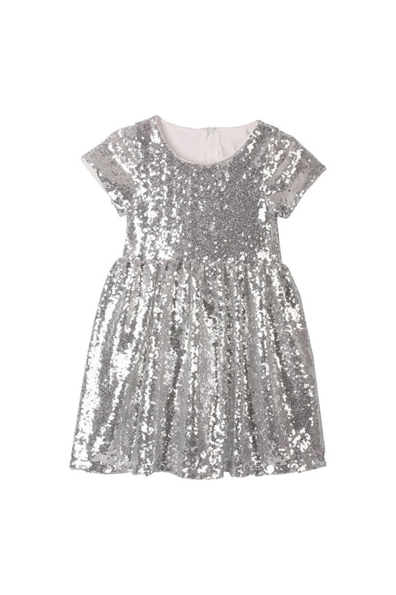 Girls Solid Sequins Short Sleeve Dress Cute Dancewear Party Long Dress Silver,Sizes 6