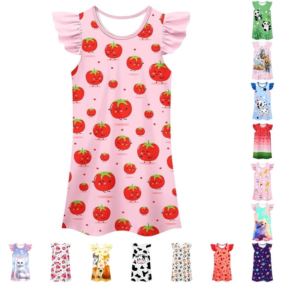 WhouRiu Girls Summer Cartoon Graphic Dresses Sleeveless Flutter Sleeve Crew Neck Dress Kids Comfortable Cute Everyday Clothing,3-4 Years