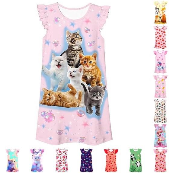 WhouRiu Girls Summer Cartoon Graphic Dresses Sleeveless Flutter Sleeve Crew Neck Dress Kids Comfortable Cute Everyday Clothing,6-7 Years