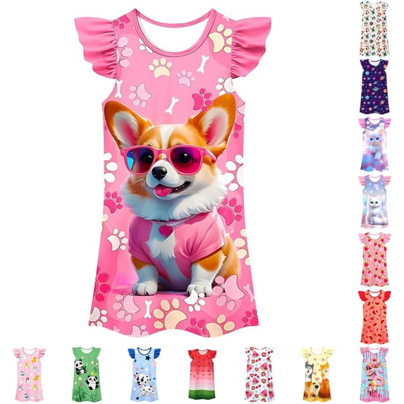 WhouRiu Girls Summer Cartoon Graphic Dresses Sleeveless Flutter Sleeve Crew Neck Dress Kids Comfortable Cute Everyday Clothing,8-9 Years