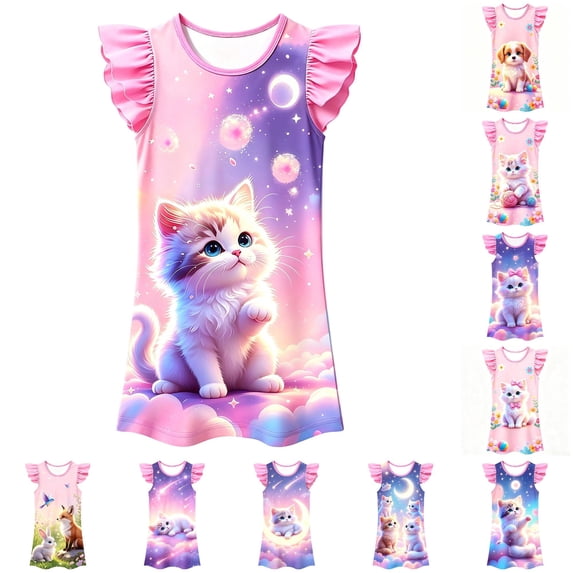 WhouRiu Girls Summer Cartoon Graphic Dresses Sleeveless Flutter Sleeve Crew Neck Dress Kids Comfortable Cute Party Nightgown,3-4 Years