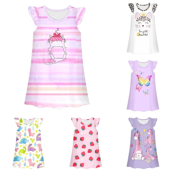 WhouRiu Girls Summer Cartoon Graphic Dresses Sleeveless Flutter Sleeve Crew Neck Dress Kids Comfortable Cute Party Nightgown,5-6 Years