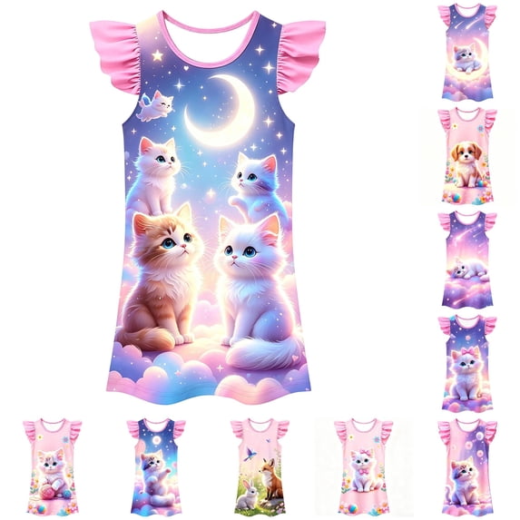 WhouRiu Girls Summer Cartoon Graphic Dresses Sleeveless Flutter Sleeve Crew Neck Dress Kids Comfortable Cute Party Nightgown,5-6 Years